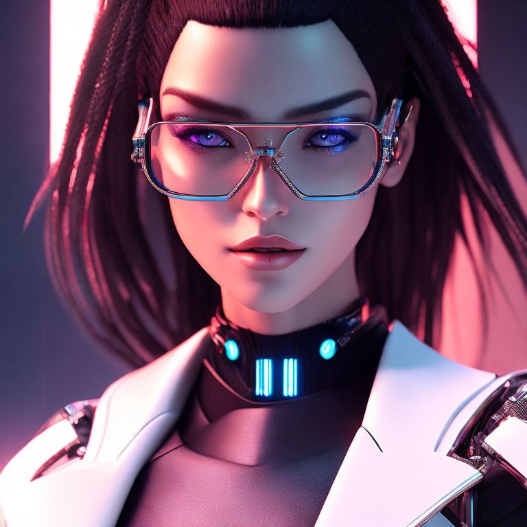 Stylized 3D illustration of female figure with cybernetic enhancements
