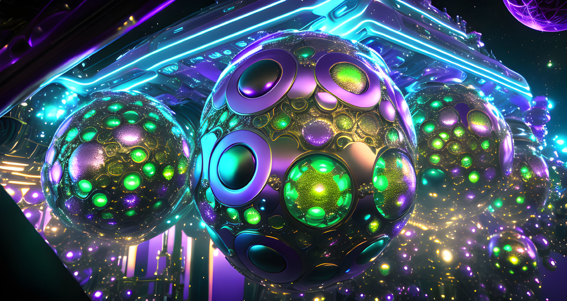 Glowing orbs with intricate patterns under neon alien structure