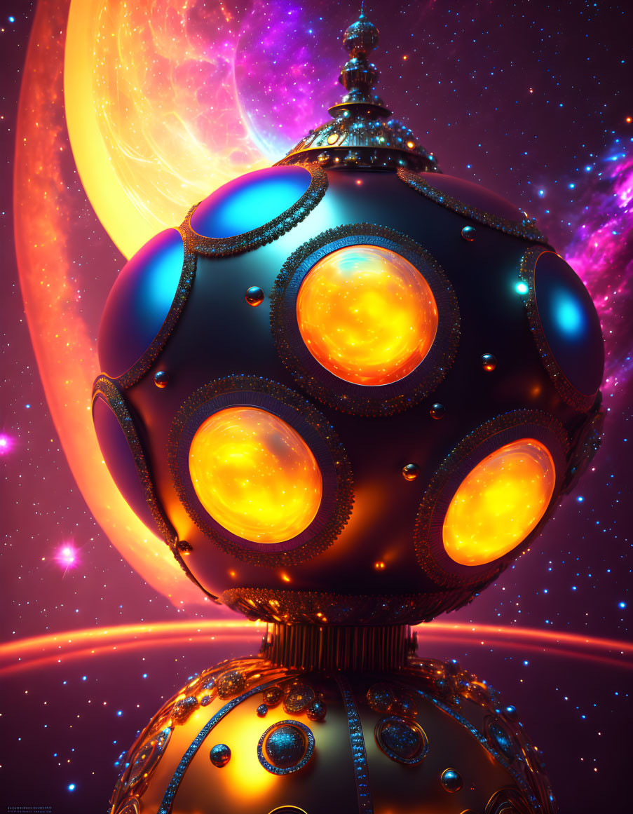 Ornate futuristic orb with glowing orange apertures in cosmic scene