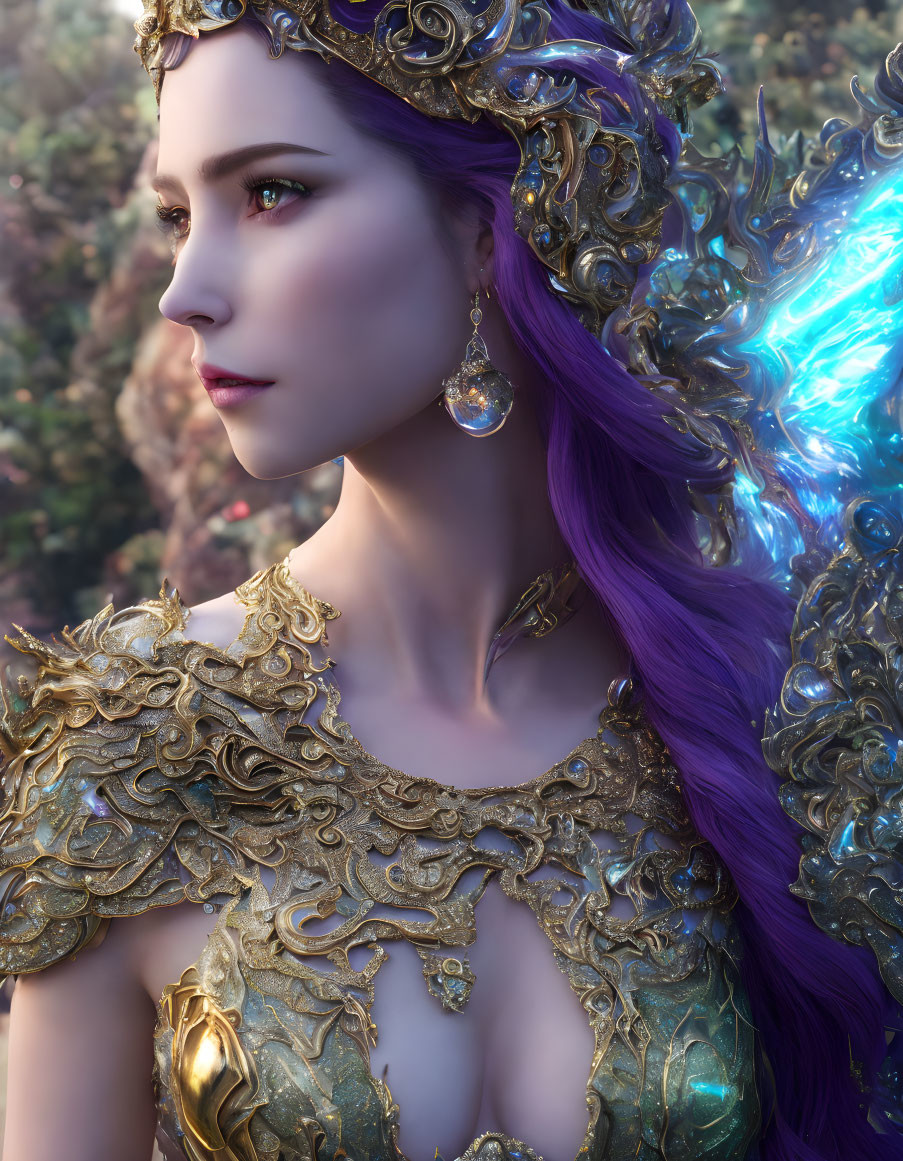 Fantasy digital art: Female character with purple hair, golden armor, and glowing blue wings
