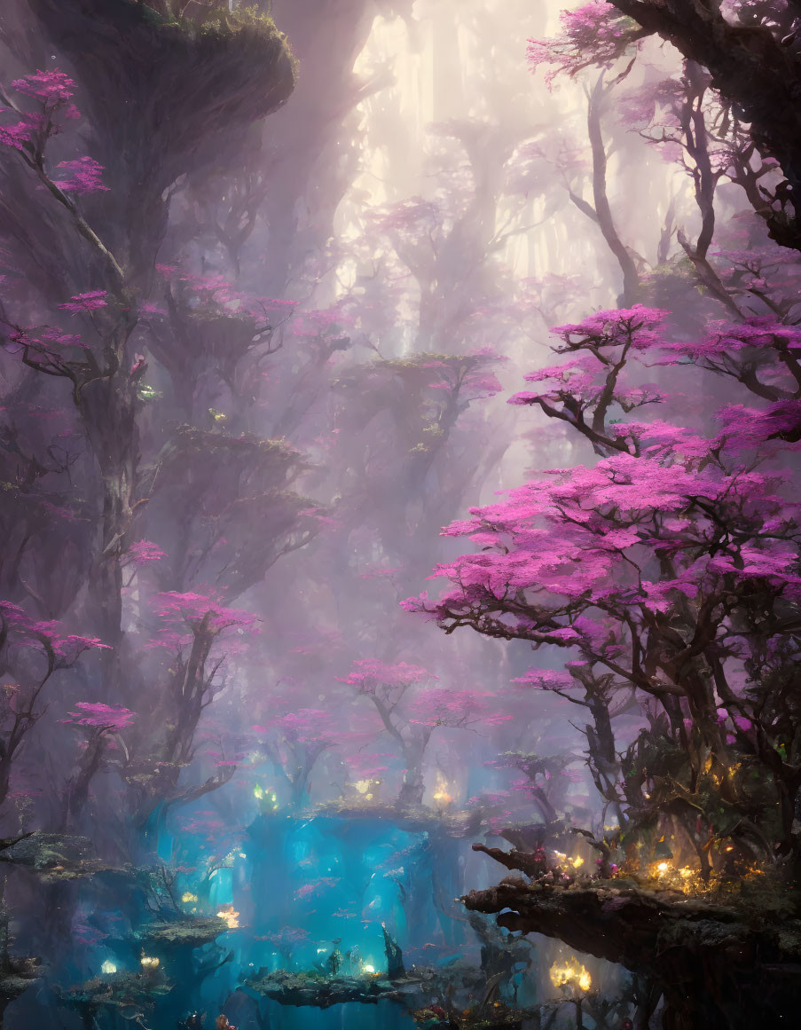 Ethereal forest scene with pink foliage and blue pools among tall trees