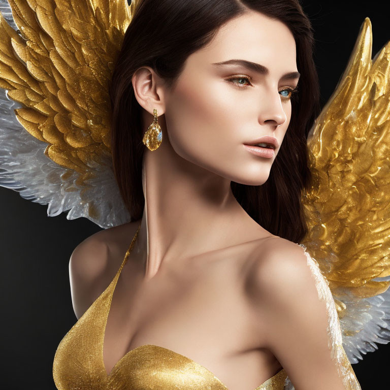 Golden-winged woman in teardrop earring gazes sideways on dark background