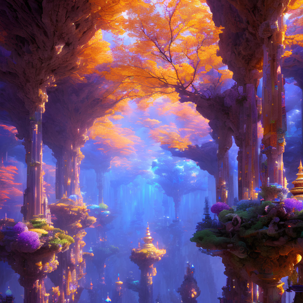 Enchanting forest with towering trees and floating islands