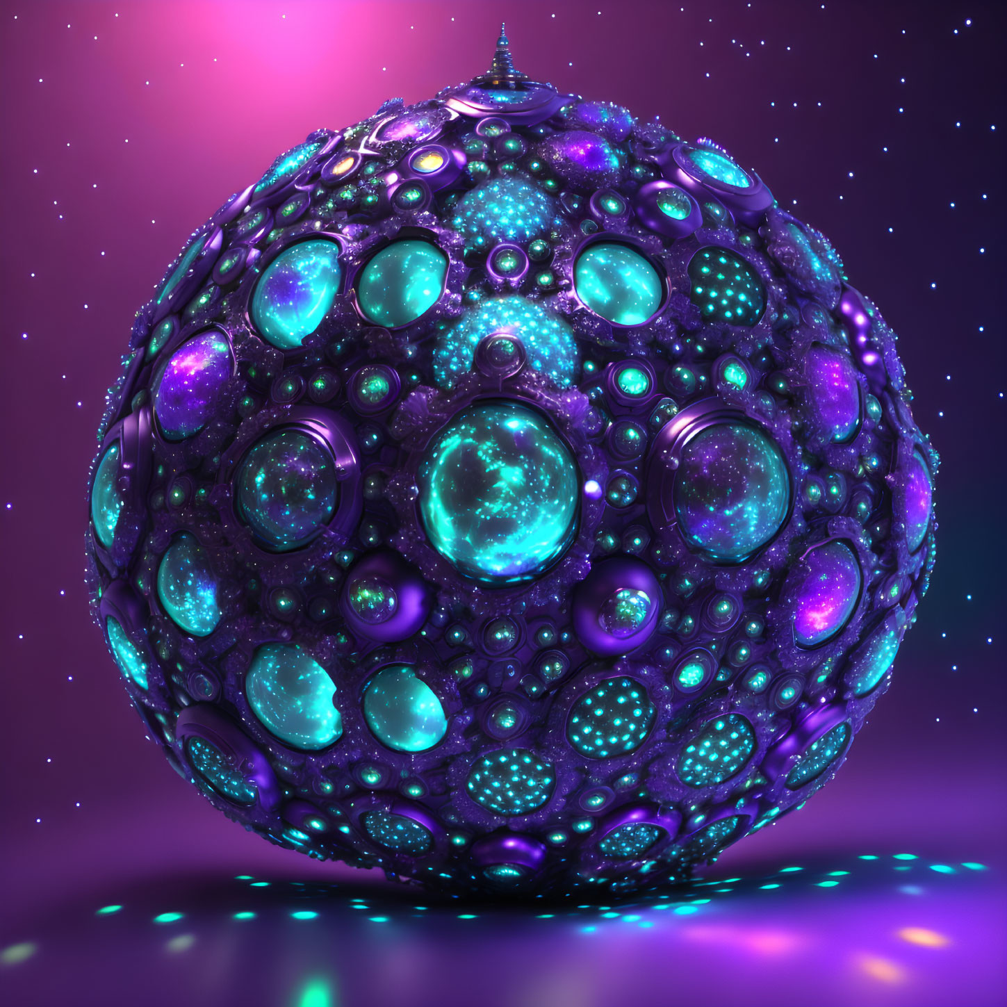 Colorful 3D-rendered sphere in starry space with teal and purple orbs