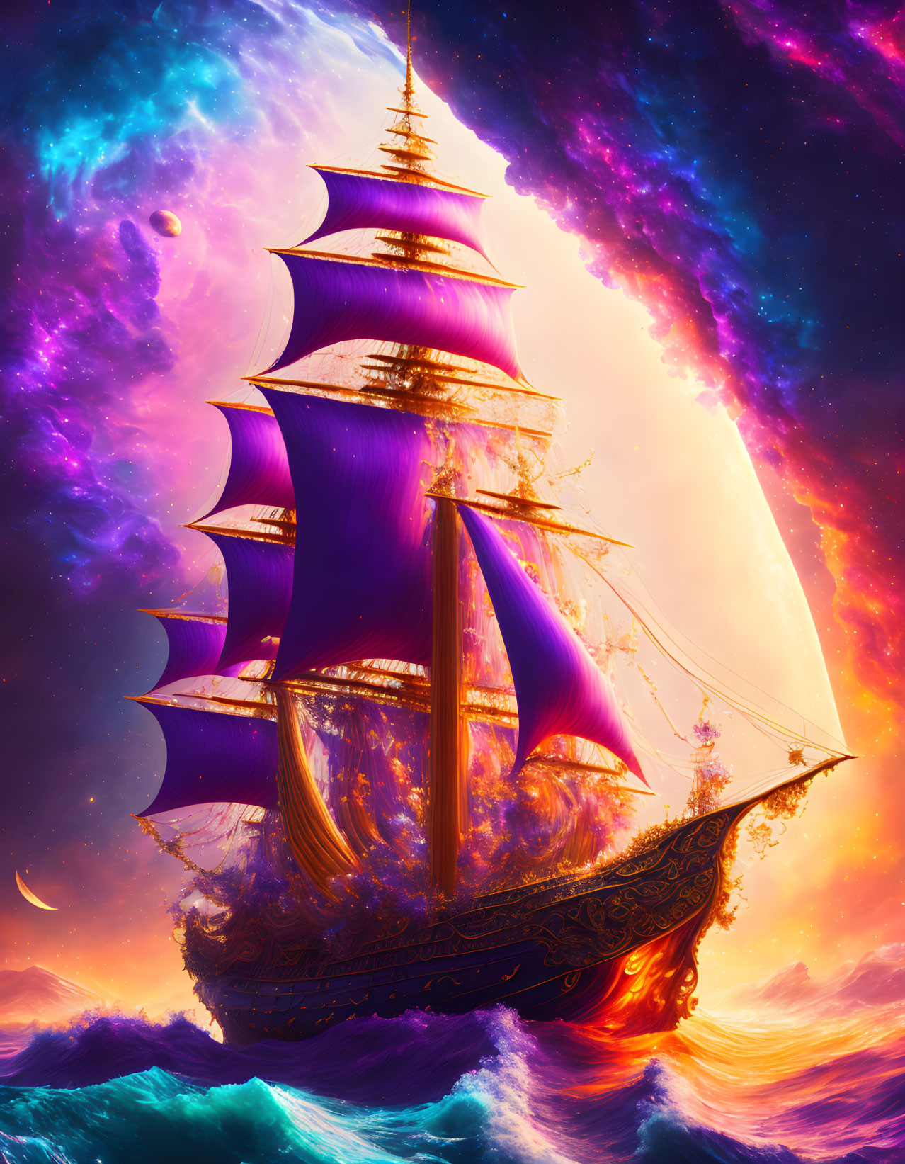 Purple Sailed Ship Sailing Through Cosmic Waves and Galaxy