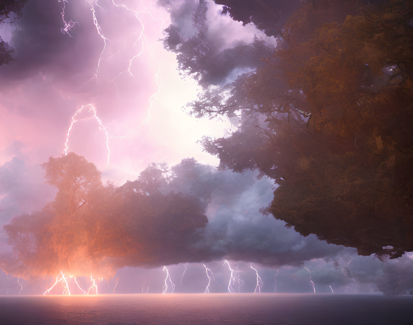 Intense lightning strikes under massive tree in misty pink-purple sky