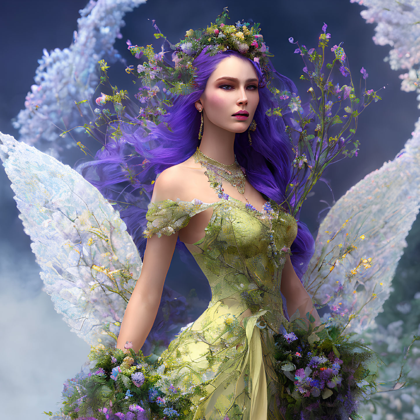 Vibrant purple-haired fairy in green floral dress on misty blue backdrop