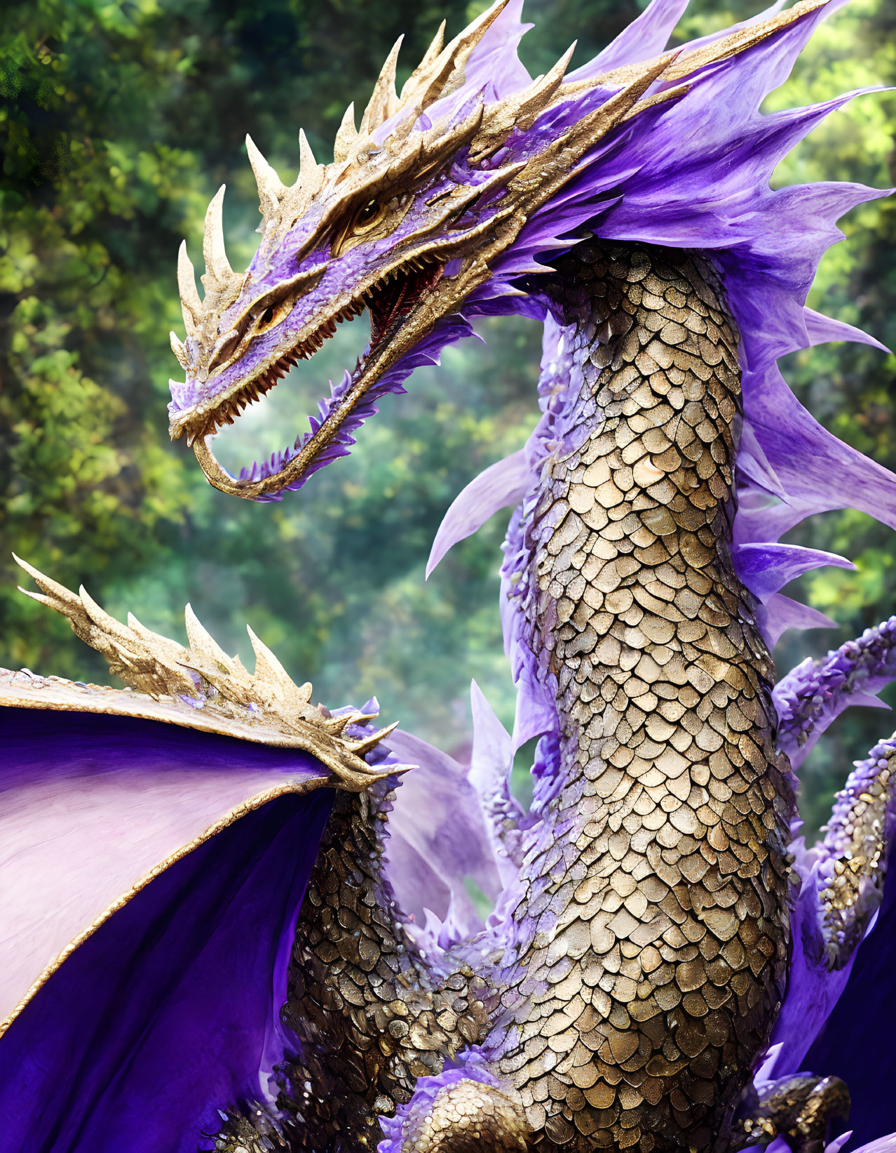 Purple Dragon with Golden Horns and Large Wings in Lush Green Setting