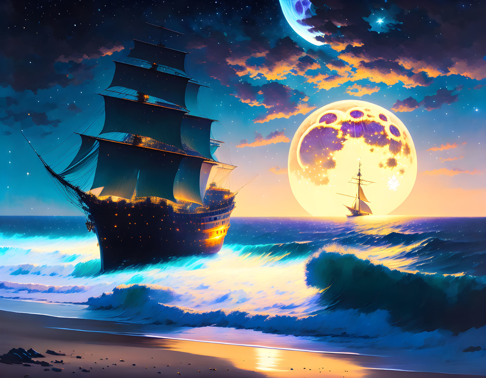 Fantasy ocean scene with sailing ships, starry night sky, colorful clouds, and two moons