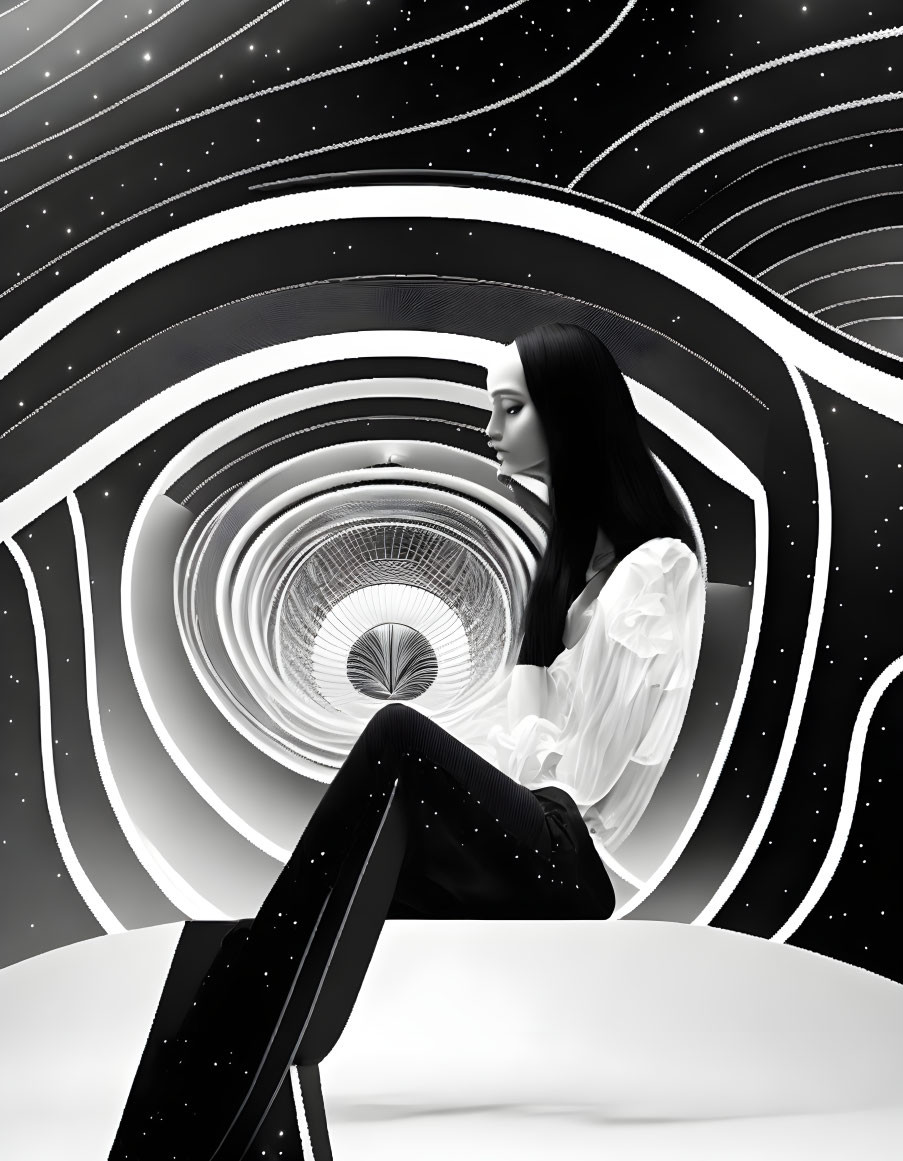 Monochrome image: Woman in abstract concentric circles, cosmic atmosphere