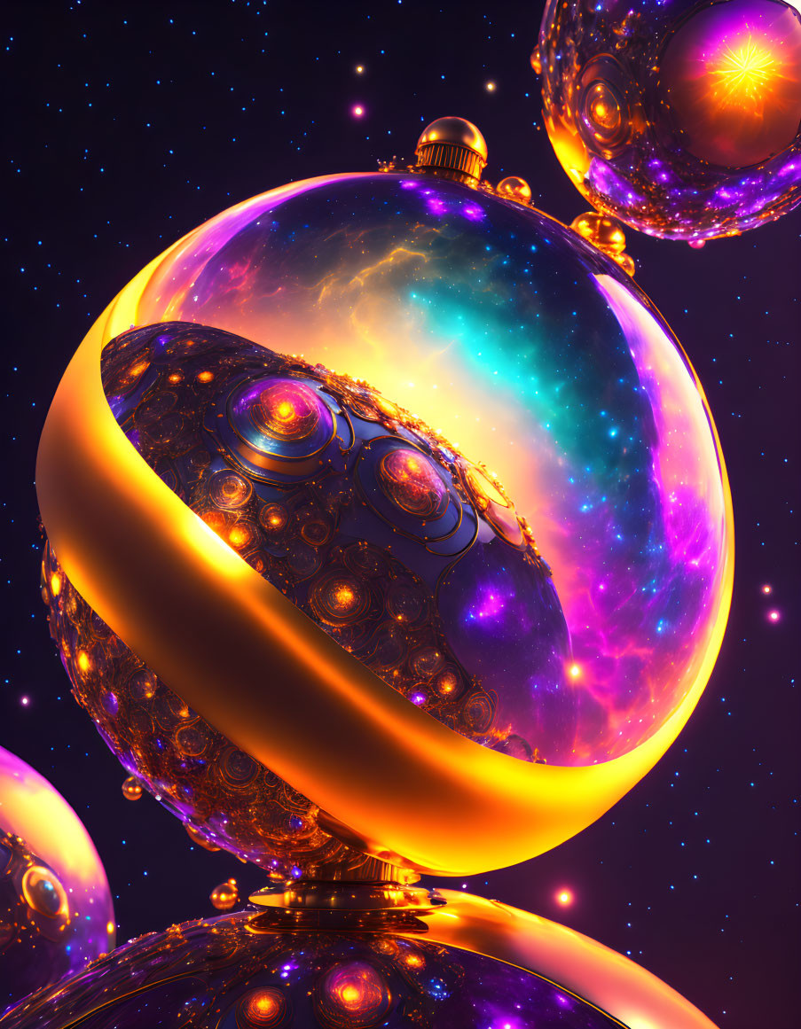 Colorful Cosmic Spheres in Gold, Purple, and Blue on Starry Background