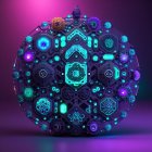 Colorful 3D-rendered sphere in starry space with teal and purple orbs