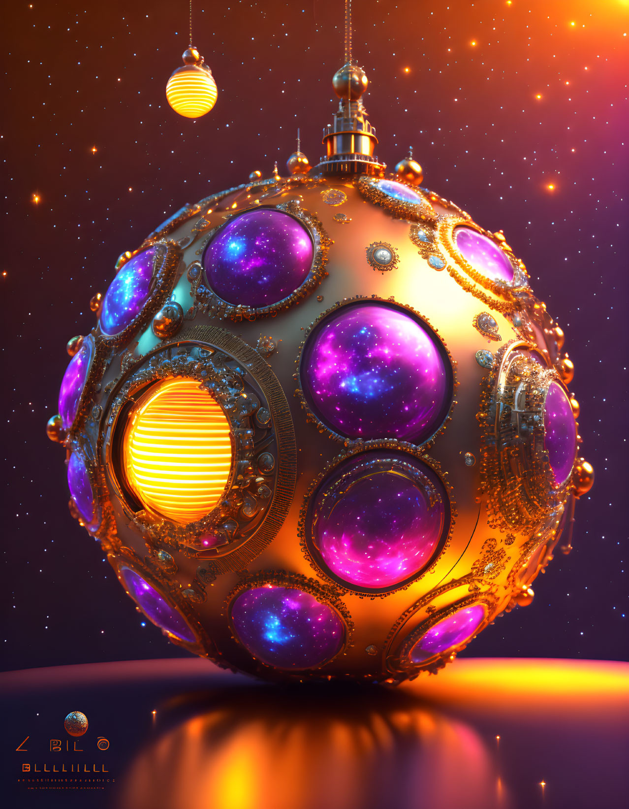 Futuristic orb with glowing purple spheres and golden patterns on cosmic backdrop