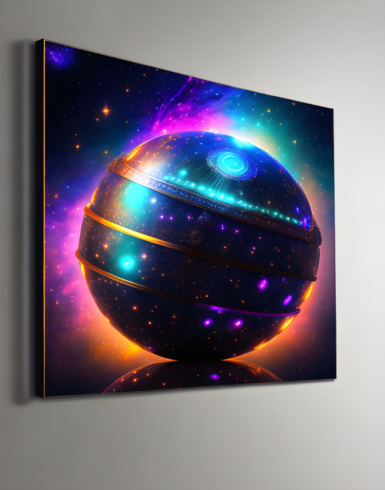 Futuristic glowing sphere canvas print with cosmic star patterns