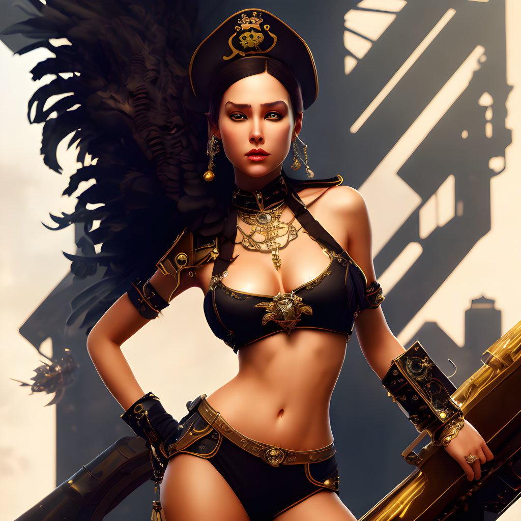 Digital artwork: Woman in fantasy military uniform with black wing, clockwork backdrop