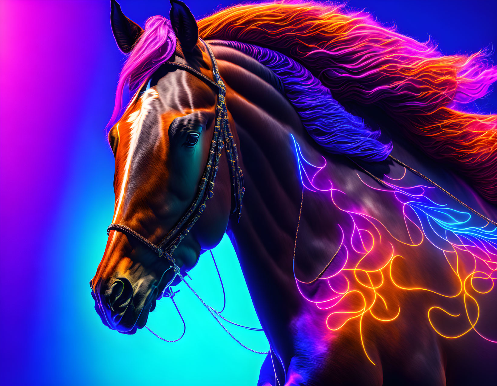 Colorful Horse Artwork with Neon Lights on Blue & Purple Background