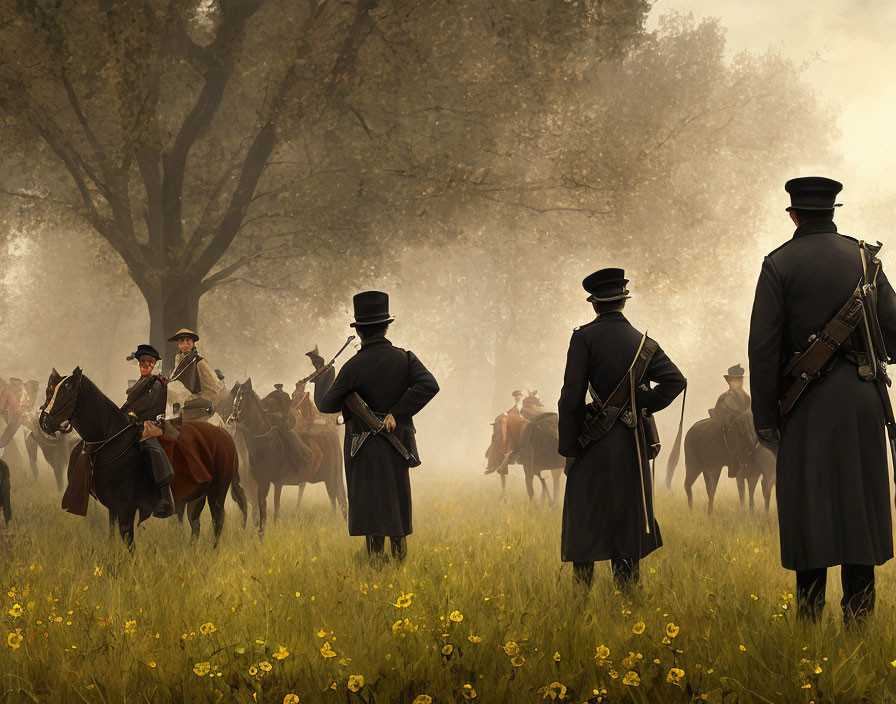 Historical military figures on horseback in misty field, some facing away, one looking at viewer