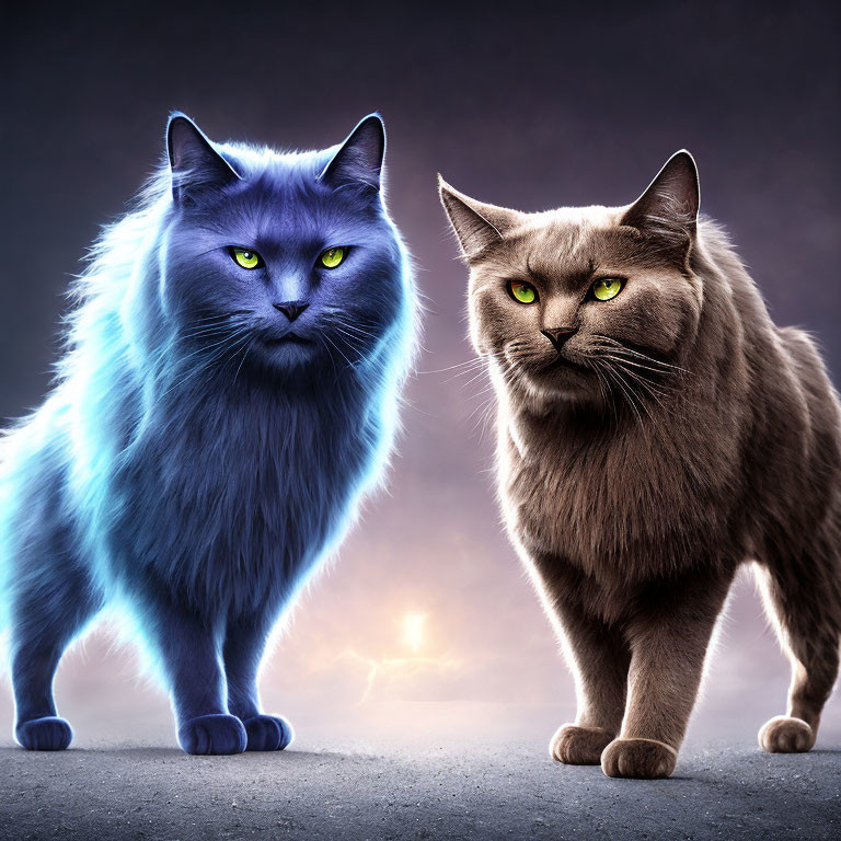 Two cats, one with a glowing blue aura and green eyes, the other with a natural look and