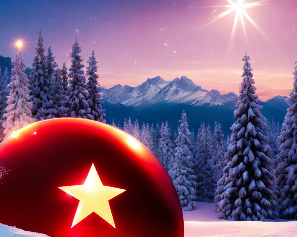 Twilight snow landscape with red ornament and starry sky