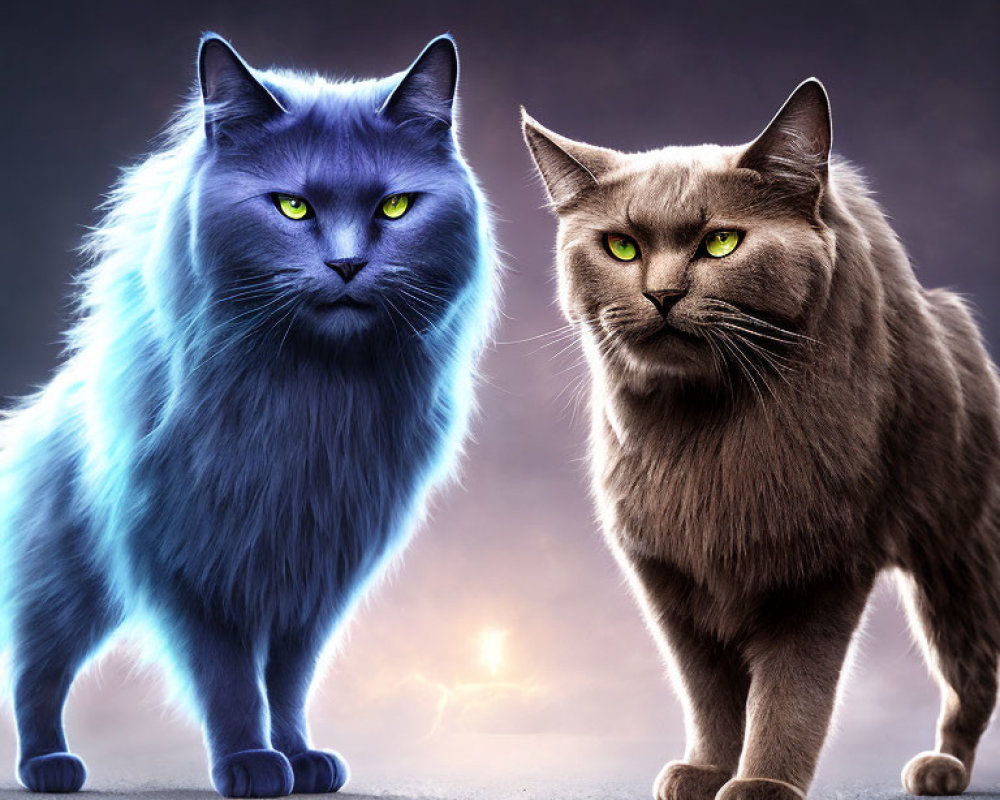 Two cats, one with a glowing blue aura and green eyes, the other with a natural look and