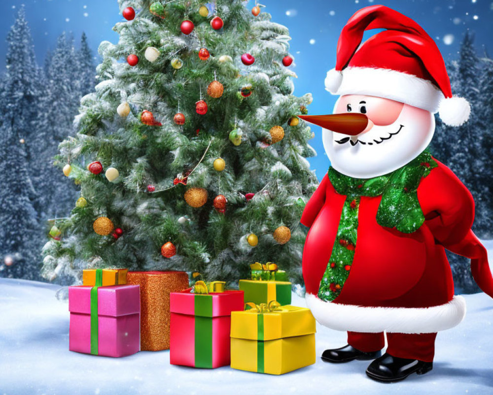 Animated Snowman Santa Claus with Presents and Christmas Tree in Snowy Scene