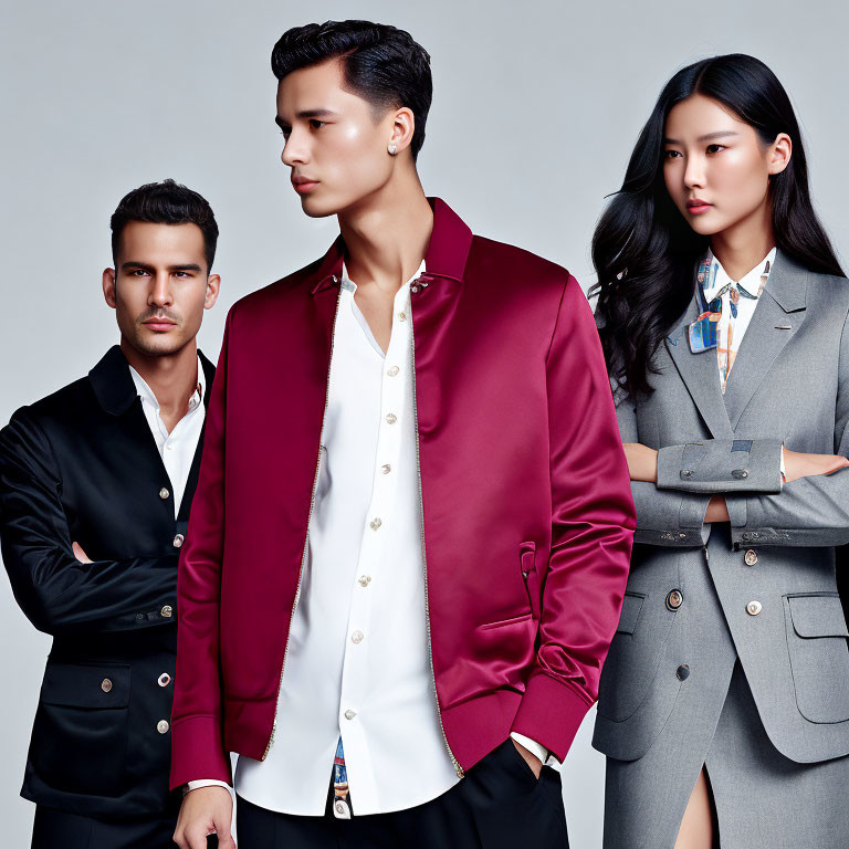 Three Models in Stylish Formal Wear: Two Men in Sleek Jackets and a Woman in Structured