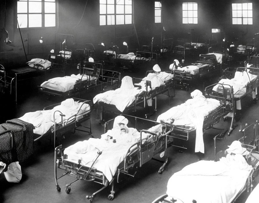 Vintage Black and White Hospital Ward with Crowded Beds and Patients