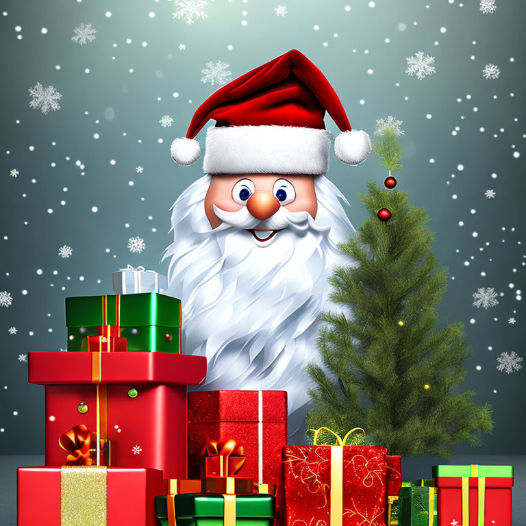 Colorful Santa Claus Face with Gifts and Christmas Tree in Snowfall