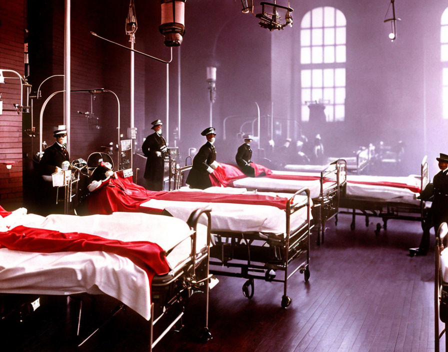 Hospital Ward with Uniformed Nurses Attending Patients on Beds