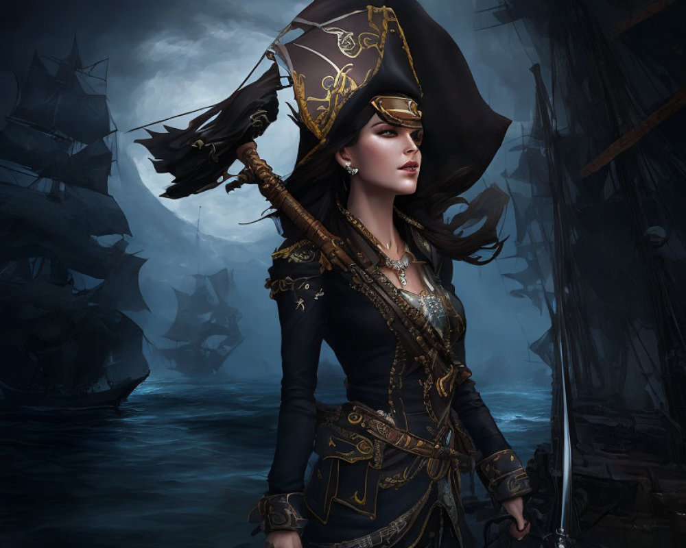 Digital artwork: Female pirate in tricorn hat and ornate coat, facing fleet on foggy sea