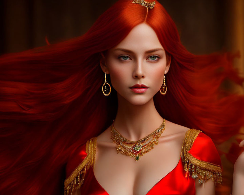 Regal woman with red hair in red dress and golden jewelry holding green feather