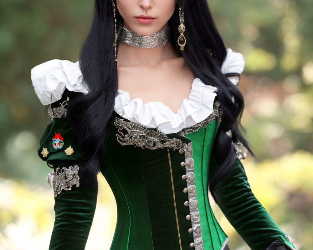 Woman in Green and Black Corset with Ornate Jewelry and Intense Gaze