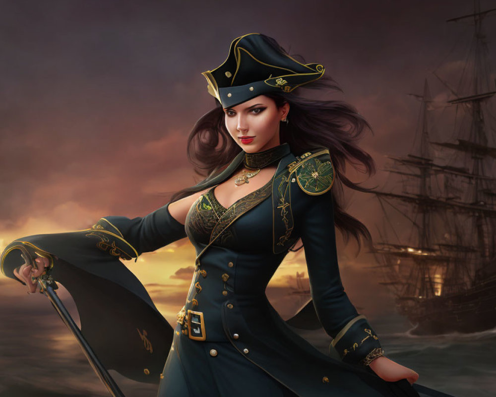 Illustration of female pirate with dark hair holding sword at sunset