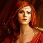 Regal woman with red hair in red dress and golden jewelry holding green feather