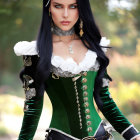 Woman in Green and Black Corset with Ornate Jewelry and Intense Gaze