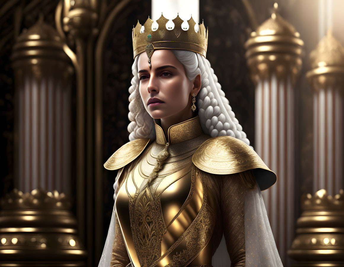 Silver-haired woman in golden crown and ornate armor against gothic backdrop