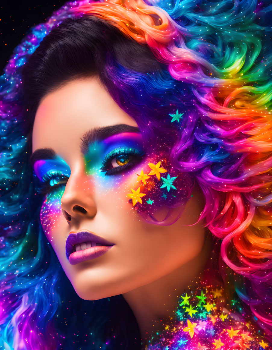 Colorful hair woman portrait in cosmic background with bright makeup