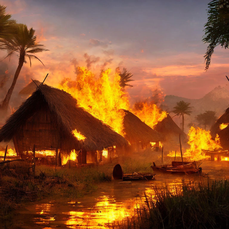 Thatched huts on fire by river at dusk, smoke, palm trees, boat