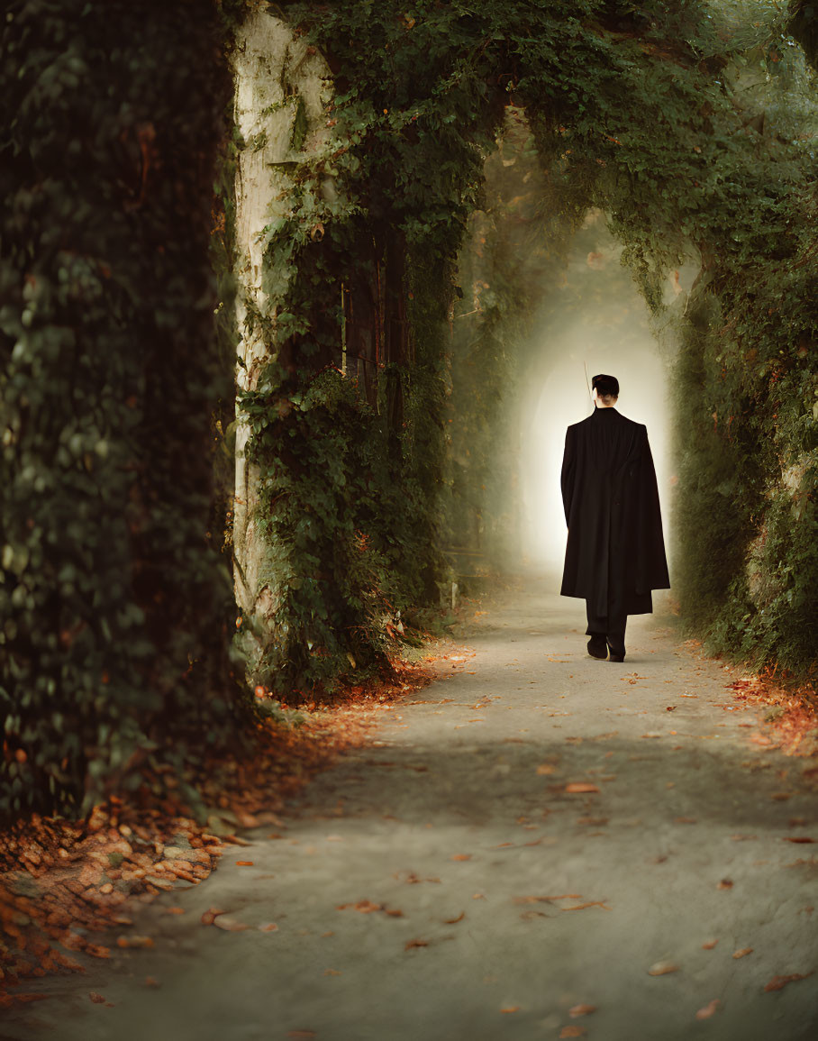 Person in dark cloak walks on leaf-covered path with ivy walls