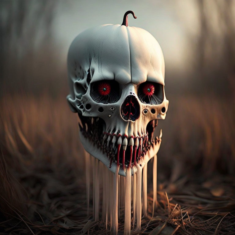 Surreal skull with red eyes and pumpkin stem melting over skeletal jaw in dry grass