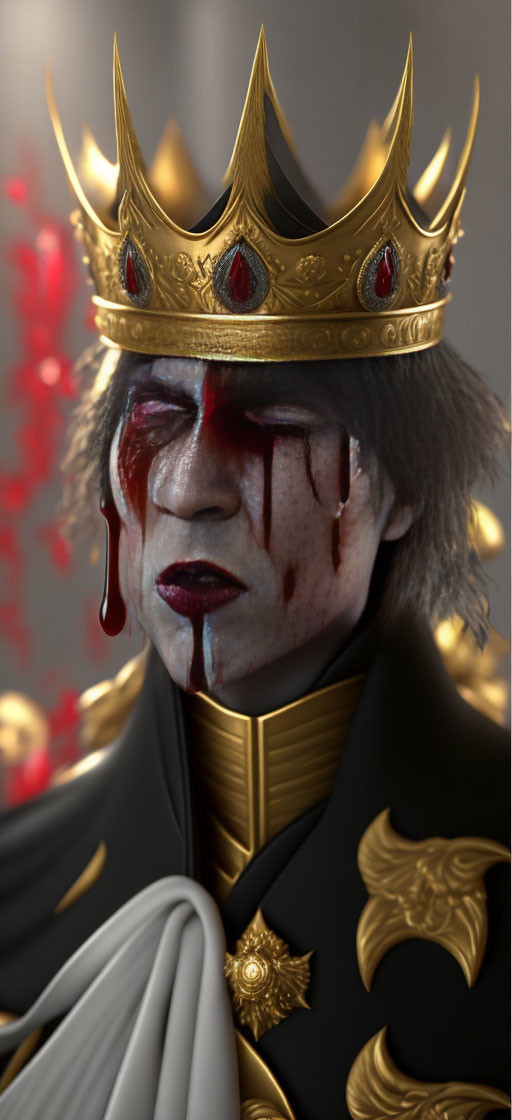 Regal figure in blood-stained regalia and golden crown.