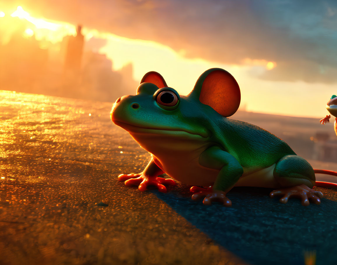 City street sunset scene featuring animated frog in warm lighting