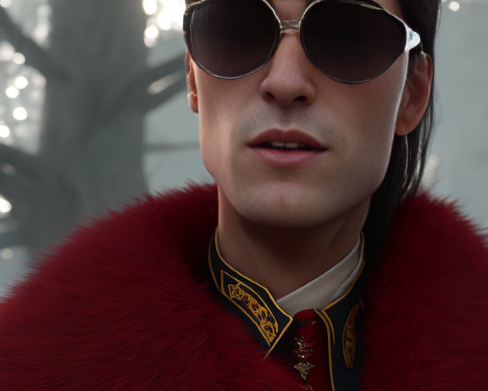 Man in Sunglasses with Red Fur Coat and Decorated Uniform Image