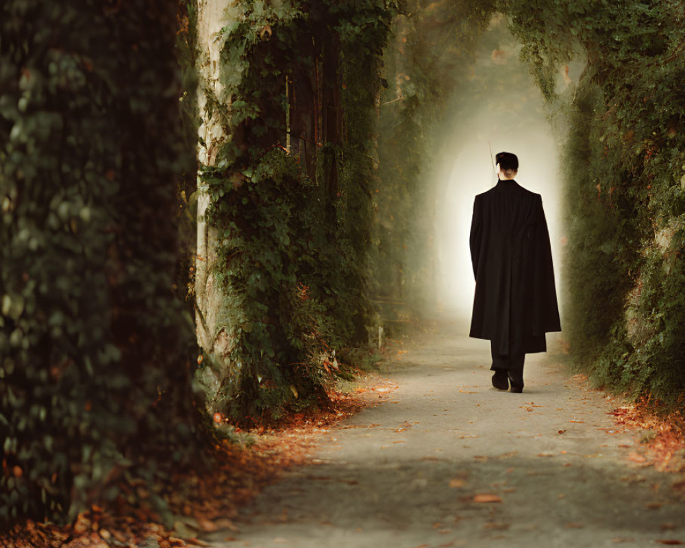 Person in dark cloak walks on leaf-covered path with ivy walls