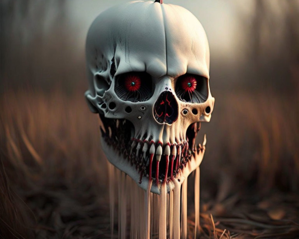 Surreal skull with red eyes and pumpkin stem melting over skeletal jaw in dry grass