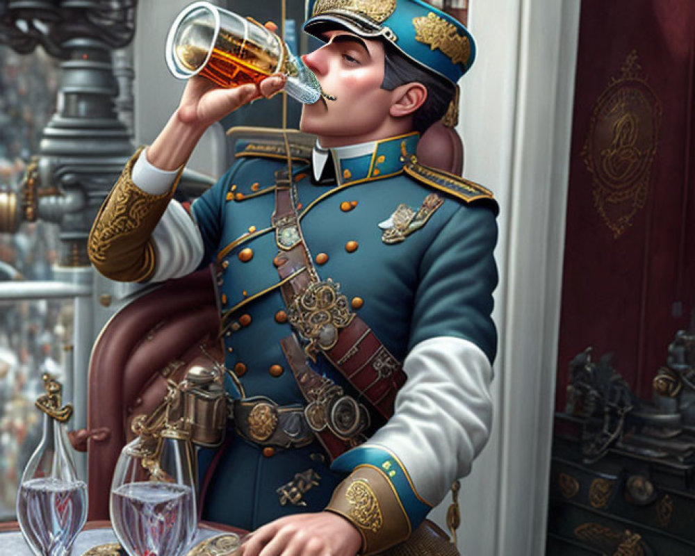 Illustrated character in decorated military uniform with medals, sipping from glass