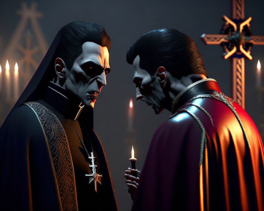 Stylized vampire characters in dimly lit Gothic room