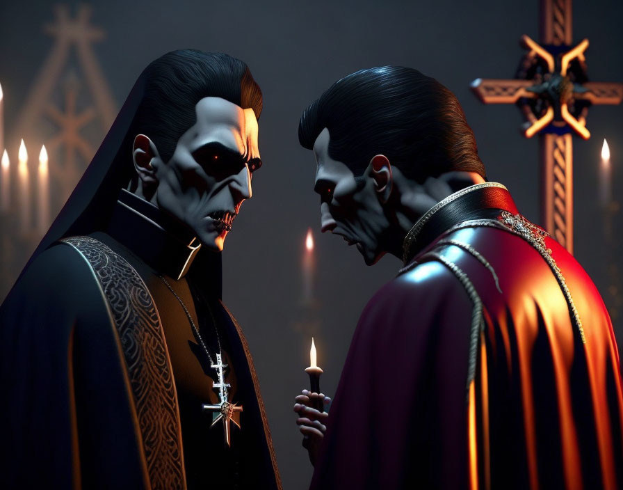 Stylized vampire characters in dimly lit Gothic room