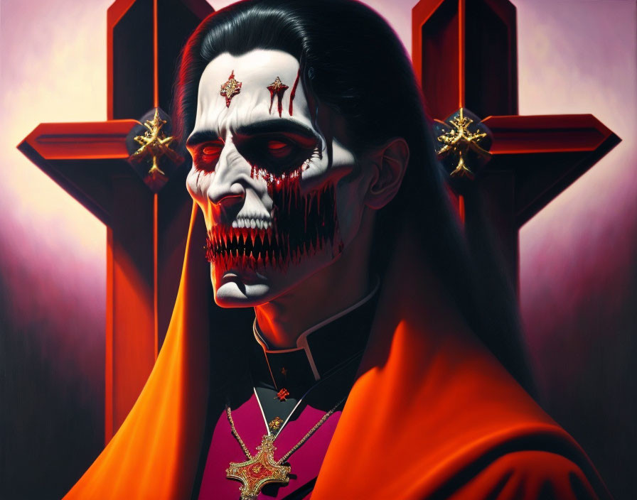 Stylized portrait of vampiric figure with skull-like face and cross motif