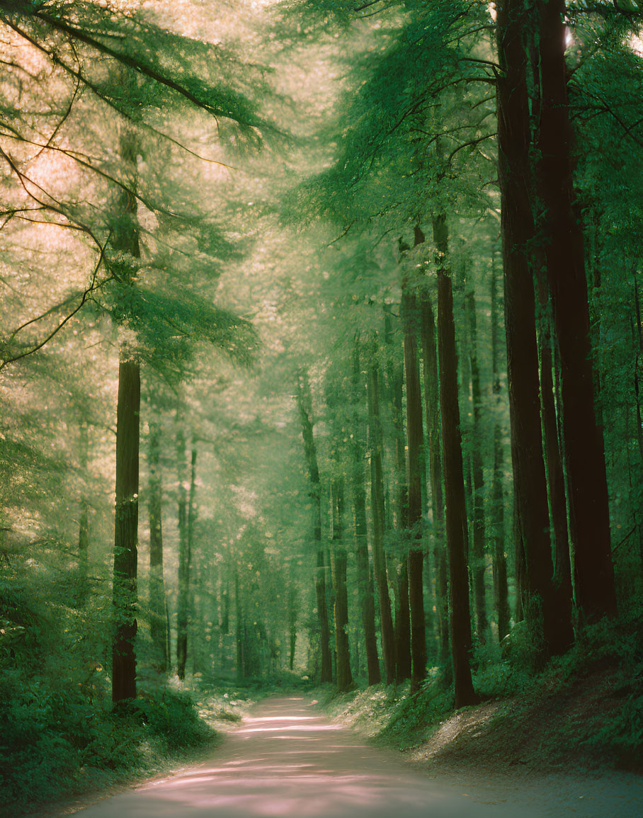Sunlit Forest Path with Towering Trees and Misty Air